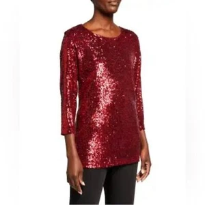 Top tunica Caroline Rose rosso con paillettes in maglia, taglia XSP - Foto 1 di 7