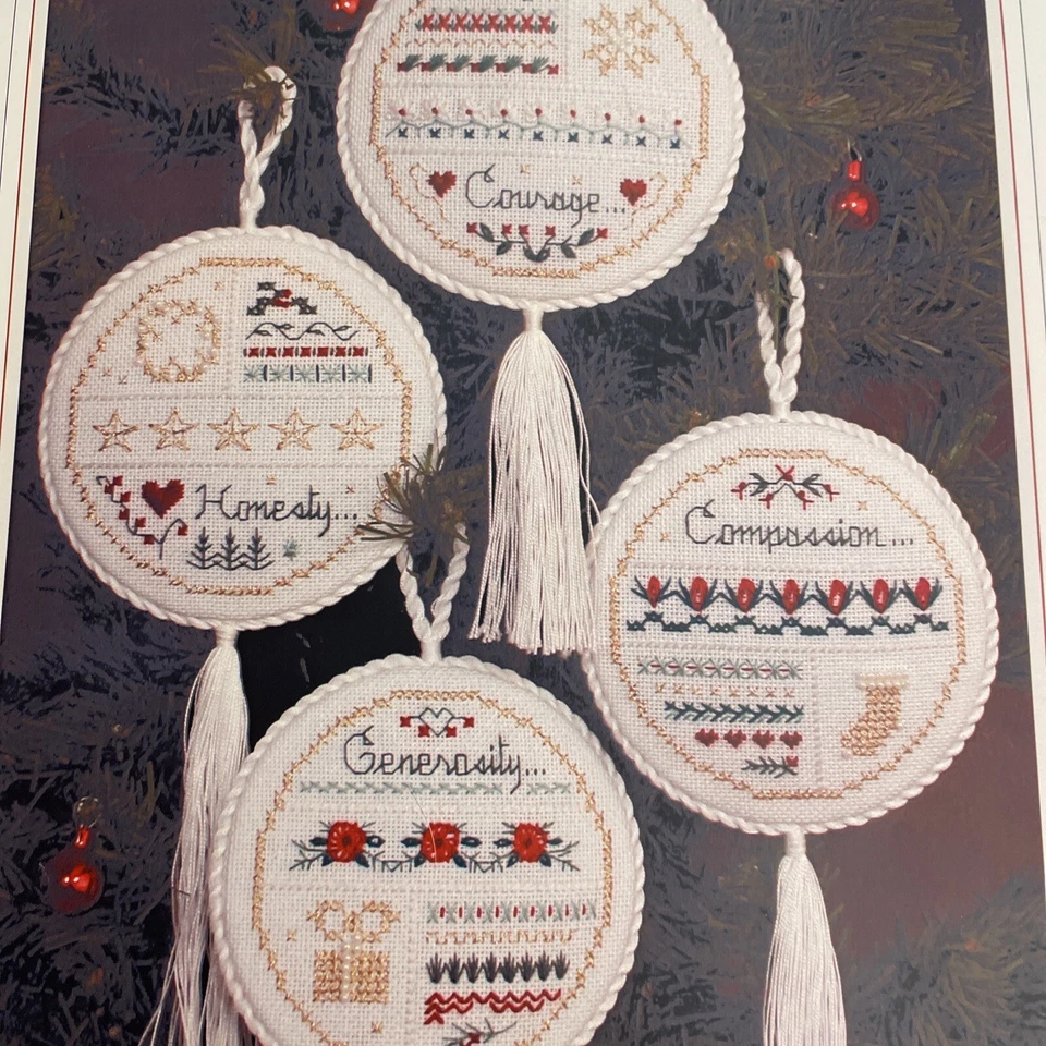 Christmas Virtues 2 Ornaments Cross Stitch Pattern Honesty Courage Compassion - Image 1 of 4