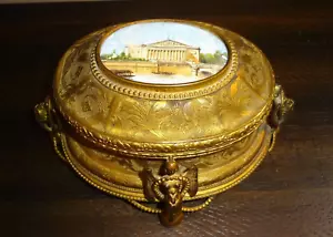 Antica scatola portagioie sirena alata bronzo dorato francese con dipinto in miniatura - Foto 1 di 24