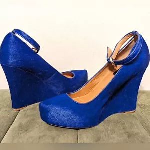 Ann Taylor Lina calf hair fur Leather wedges pumps in cobalt royal blue - Picture 1 of 12