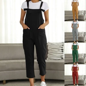 Women's Washed Linen Bib Jeans Overalls Casual Ripped Linen Jumpsuits Rompers - Picture 1 of 27