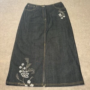 Marsh Landing Jean Midi Skirt Women Size 10 Denim Floral Embroidery Cottagecore - Picture 1 of 14