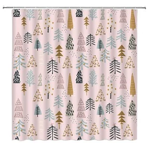 Christmas Tree Shower Curtain Pink Blue Yellow Xmas Tree Abstract Forest Wint... - Picture 1 of 7