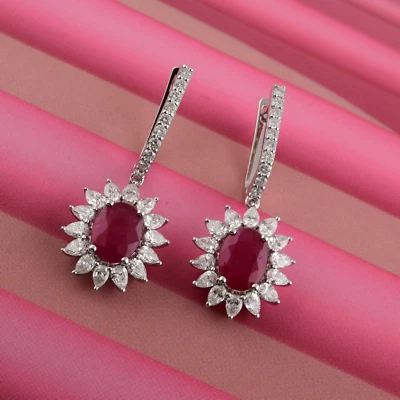 3.76 Tcw Lab Grown CVD Diamond Ruby Gemstone Hoop Earrings 18k White Solid Gold - Image 1 of 4