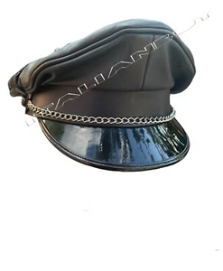 Biker, Army, Muir, Peaked, Polizei Gay Cap Full schwarz mit Kette + Riemen - Bild 1 von 5