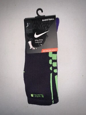Nike Elite LEBRON Crew Basketball Socks LARGE ( 8-12) Black GreenPurple 4696-555 - Image 1 of 2