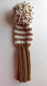 L Brown 4 Cream POM 8" Hand Knit GOLF CLUB HEADCOVER for small hybrid iron wedge - Picture 1 of 1