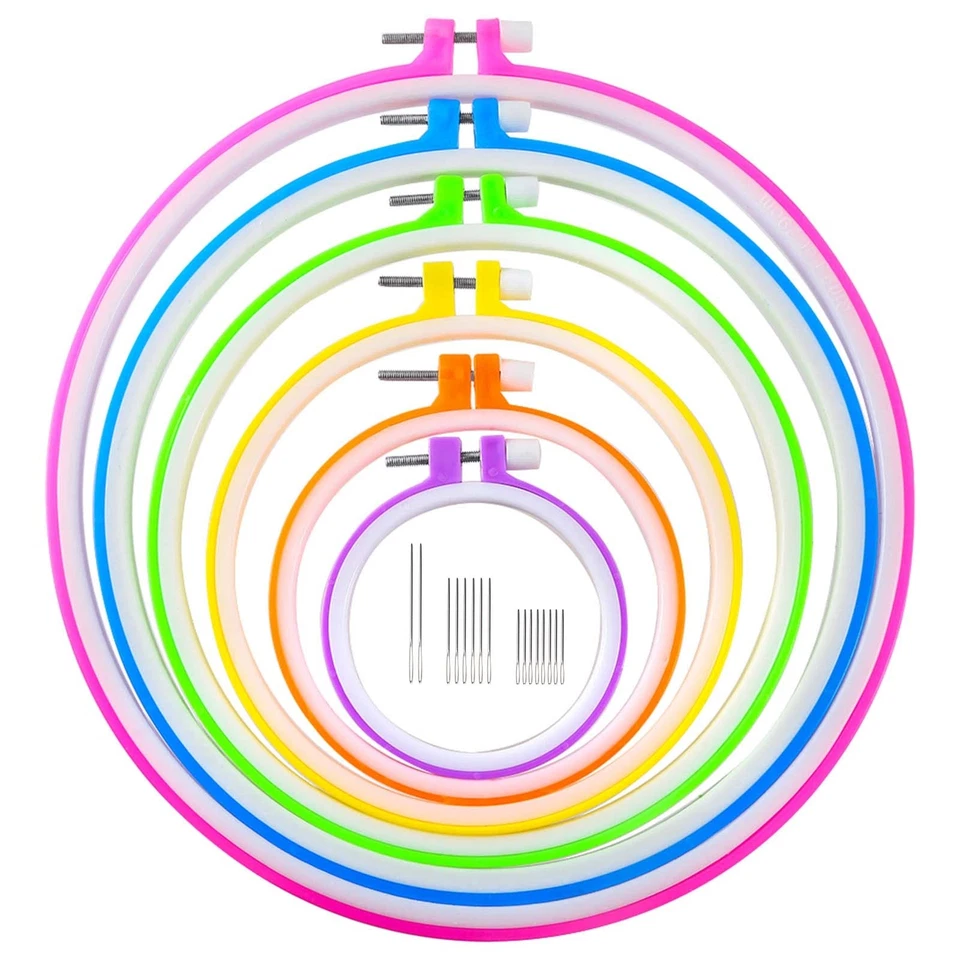 6 Pieces Embroidery Hoops and 15 Needles Plastic Circle Cross Stitch Hoop Ring