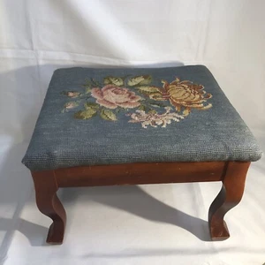 Vintage Floral Needlepoint Footstool Wool Rectangular Victorian Flowers Blue - Picture 1 of 12