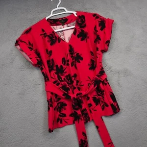 Worthington Top Womens L Red Rolled Cuff Floral Belted Waist Peplum Romantic - Picture 1 of 13