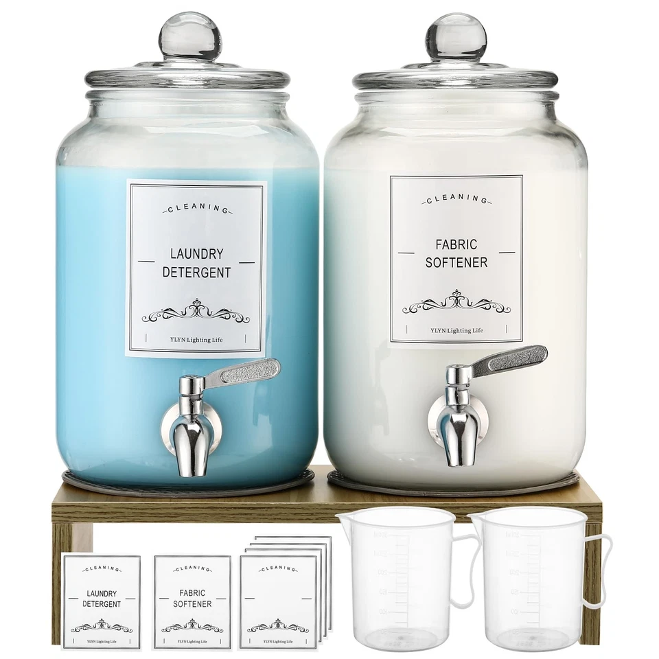 Paquete de 2 dispensadores de detergente para ropa de vidrio con soporte, vidrio a prueba de fugas de 106 oz F... Foto 1 de 4