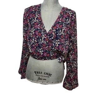 Francesca’s Blue Rain Womens Size XS Floral Wrap Crop Top with Bell Sleeves - Picture 1 of 13