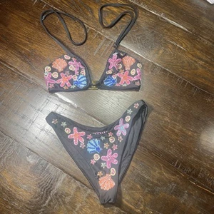 Oceanus Marissa Hand Embroidered Luxe Bikini Top Sz S Bottoms Sz XS EUC - Picture 1 of 13
