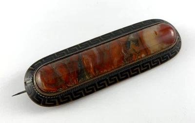 Broche Victoriano Latón Ágata | Diseño Esmaltado | 3" x 7/8" | Usado | Bonito Foto 1 de 4