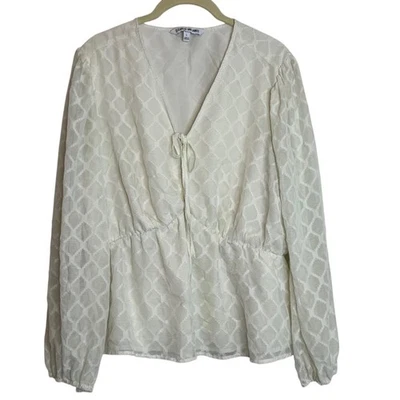 Elizabeth and James Blouse Large White Peplum Long Sleeve Ties at Neck Feminine - Image 1 of 4