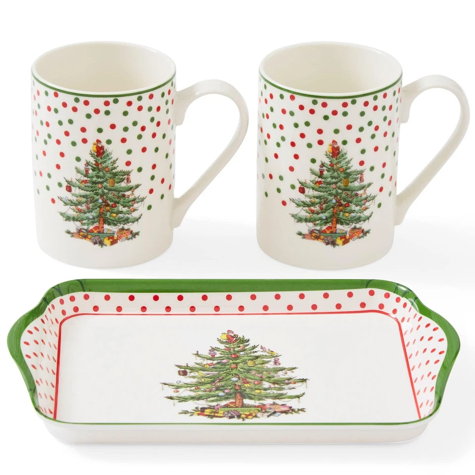 Spode Santa Christmas Tree Polka Dot Mug & Melamine Tray Set of 3 Pimpernel