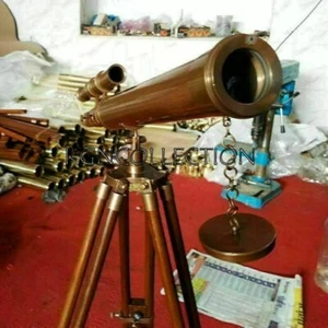Antique Brass 18" Double Barrel Nautical Telescope w/ Wooden Tripod Stand Spygla - Picture 1 of 3