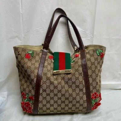 复古,古驰,雪利酒线,GG 涂层帆布带红色花卉装饰 HB — 第 1/4 张图片