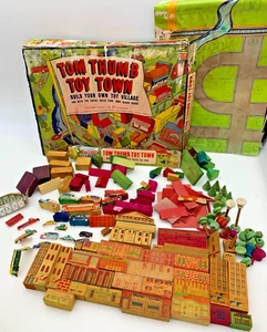 1937 TOM THUMB TOY TOWN Transogram Gold Medal toy wooden blocks buildings cars+ - Picture 1 of 24
