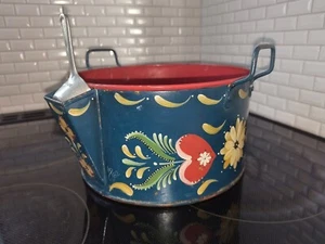 Vintage TOLE handbemalte Schale mit Zinn & Kupfersockel ROSMALING mit Tasche & französischer Schaufel - Bild 1 von 24