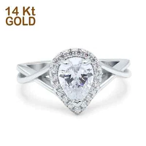 14K White Gold Teardrop Pear Halo Infinity Shank Wedding Ring Round Simulated CZ - Picture 1 of 7