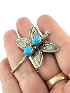JOE DELGARITO Sterling Silver Pendant Pin Brooch Dragonfly Turquoise Vintage Bug - Picture 1 of 9