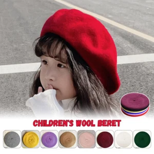 Children's Wool Beret Kids Girls Retro Stretch Beret Hats Wool Solid Hat Cap UK - Picture 1 of 38