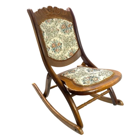 Albert M Lock & Son Folding Rocking Chair Circa 1930s Tapestry Needlepoint Cloth Cover