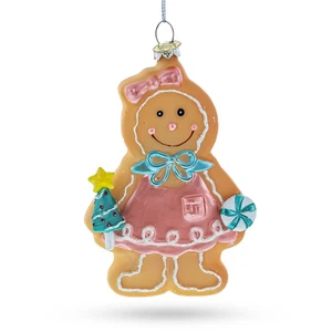 Sweet Gingerbread Girl in Festive Attire Blown Glass Ornament - Picture 1 of 4