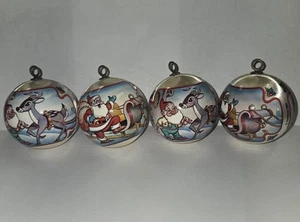 VINTAGE 1983 RAUNCH PLASTIC WRAPPED SILK ORNAMENTS SANTA SCENES SET OF 4 - Picture 1 of 6