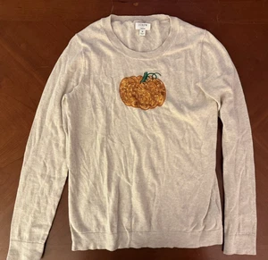 J. CREW Teddie Pullover M grau Kürbis Pailletten Herbst Herbst Urlaub Rundhals - Bild 1 von 7