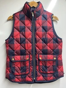 J. Crew New Womens Vest Small Red Excursion Puffer Down Buffalo Plaid Full Zip - Picture 1 of 5