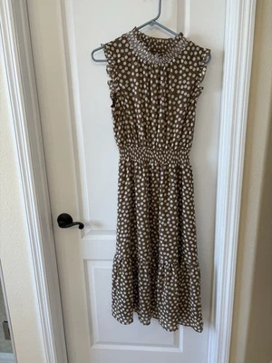 J. Crew 棕色和白色波点迷笛荷叶袖连衣裙 XS — 第 1/4 张图片