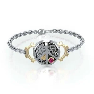 Peace Symbol Steampunk 925 Sterling Silver Bracelet Fine Jewelry Created Ruby - Picture 1 of 3