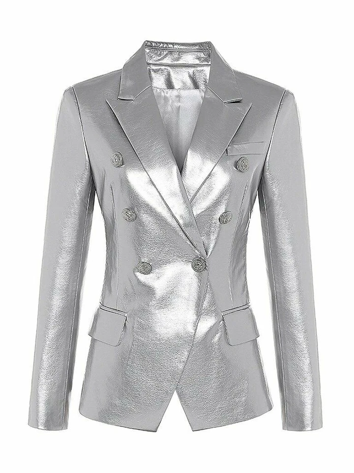 Blazer de cuero plateado formal de piel de cordero pura para mujer talla S M L XL XXL Customiz-126 Foto 1 de 4