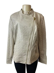 Iman Women's Beige Leather Zip Up Long Sleeve Jacket Sz XL - NWT - Picture 1 of 8
