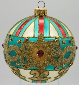 Glass Round Ornament 10cm Gold Star Design All Occasions Poland Glitter - Picture 1 of 10