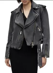 New AllSaints Balfern Denim Biker Jacket In Washed Gray Size US 6/ UK 10 - Picture 1 of 10