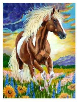 Caballo corriendo en campo de flores al atardecer Pintura acrílica original Rancho Rural 8 Foto 1 de 4