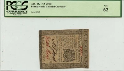 1776 April 25, 2s6d Pennsylvania Colonial Note FR#PA-204 PCGS CU62 - Image 1 of 2