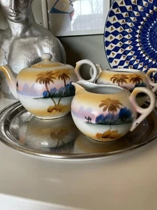VTG T&T Teapot Creamer, Sugar Set Hand painted Japan Camel Palm Tree Desert - Picture 1 of 10
