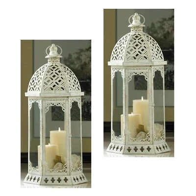 2 Pc Lot Large Candle Lantern Graceful Cutouts Antiqued White Finish New 8x7x20" - Image 1 of 4