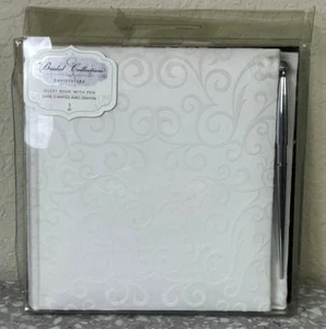 David Tutera Wedding Guest Book White Flocked Swirl with a Silver Pen NOS - Picture 1 of 3