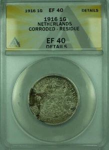 1916 1G Netherlands ANACS EF 40 Details Corroded Residue 1 Gulden Silver KM#148 - Picture 1 of 2