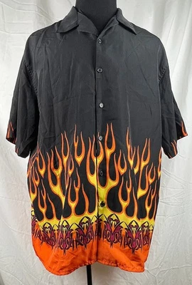Camisa Big Brother Negra y Naranja Estampado de Llamas Botón Frontal S/S Poliéster XXXL Foto 1 de 3