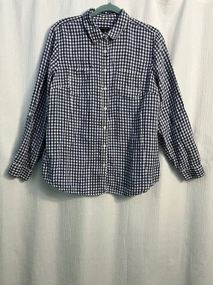 Talbots 海军蓝和白色格子亚麻纽扣衬衫上衣长 Slv XL 二手状况完好 — 第 1/4 张图片