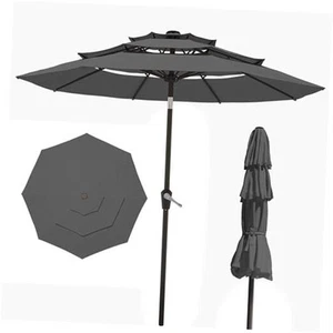 PatioKingdom 9FT 3 Tiers Patio Umbrella,Outdoor Table Market Umbrella with Gray - Picture 1 of 7