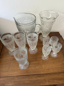 Vintage Clear Glass Pitcher Set Iris Floral Pattern w/ Goblets & Cordials - Picture 1 of 5