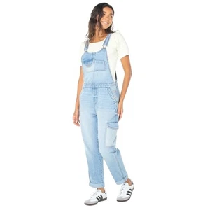 Celebrity Pink Overalls Women XL Blue Light Wash Cotton Denim Cargo Utility - Picture 1 of 12