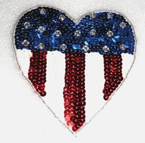 Vintage USA PATRIOTIC HEART Patch • Badge Emblem Sequins Bling 4.5" Sew-On - Picture 1 of 6
